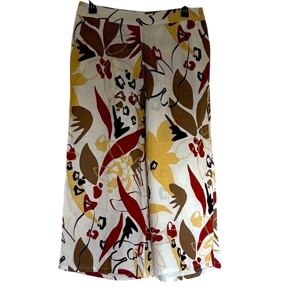 Tahari 100% Linen wide leg capris, NWOT , brown and gold tones on white, size XL